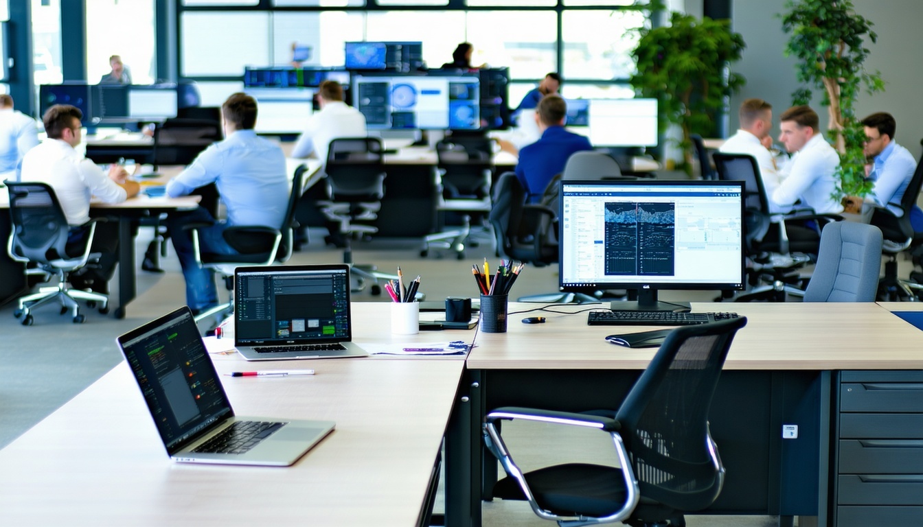 A bustling office setting with IT professionals co