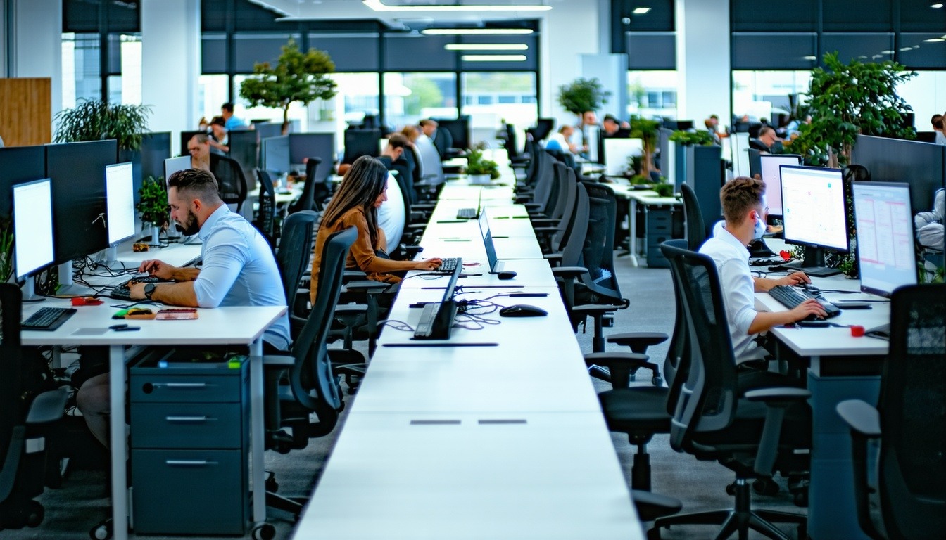 A busy office environment with employees working e