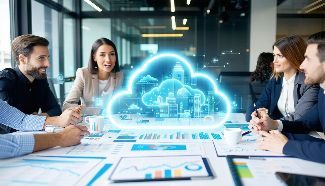 A diverse group of professionals discussing cloud