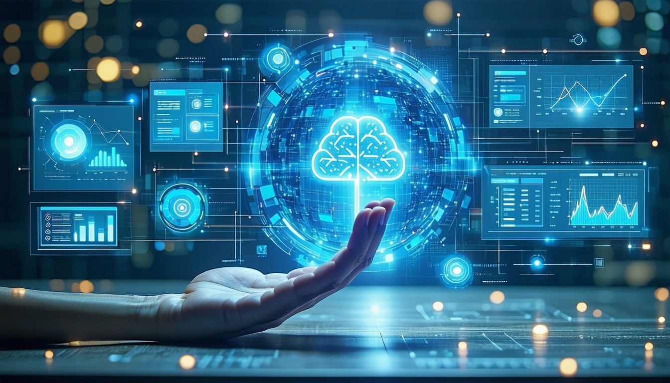 A futuristic graphic showing an AI interface inter