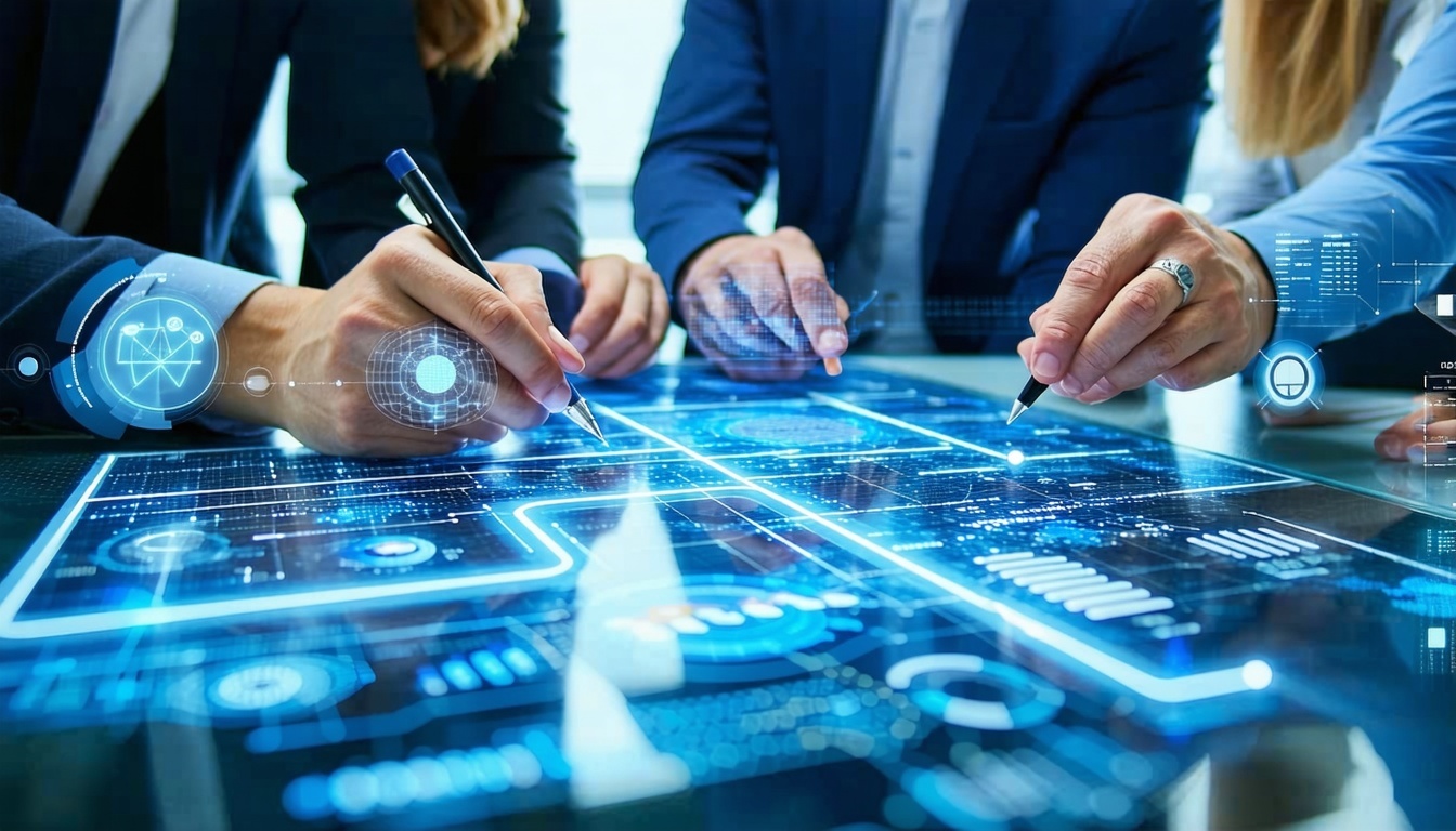 A team of professionals collaborating on a digital